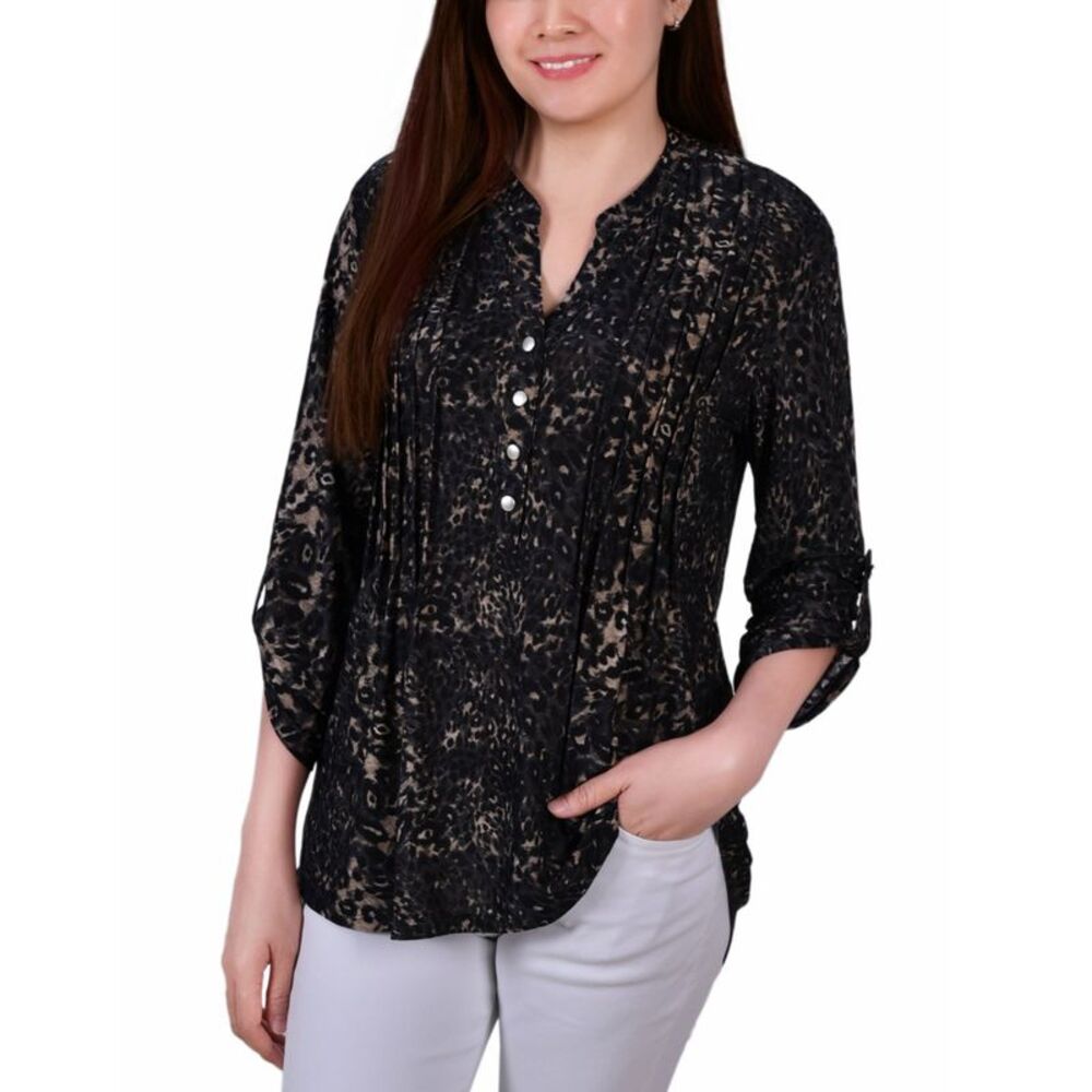 NY Collection Petite Pintuck Roll Tab Sleeve Top